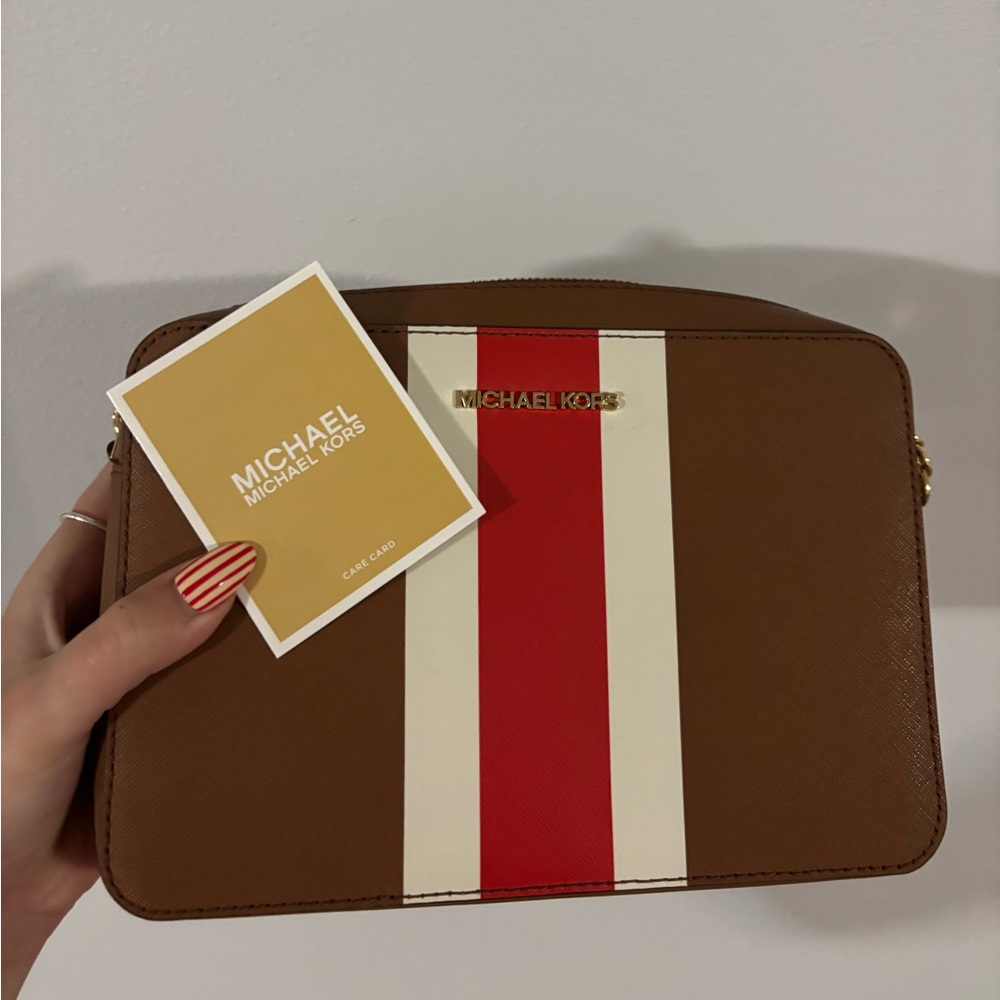 Michael Kors Brown and Red Messenger Bag with Structured Design